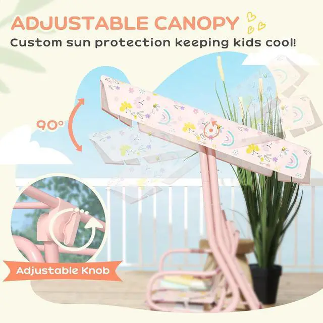 Alt view image 4 of 7 - Qaba Kids Patio Swing 2-Seater w/Adjustable Canopy Rainbow Pattern Pink | Outdoor Porch Swing Chair, Safety Belt, Hanging Bench, for Garden, Backyard