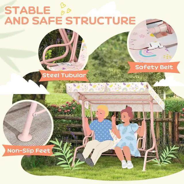 Alt view image 3 of 7 - Qaba Kids Patio Swing 2-Seater w/Adjustable Canopy Rainbow Pattern Pink | Outdoor Porch Swing Chair, Safety Belt, Hanging Bench, for Garden, Backyard