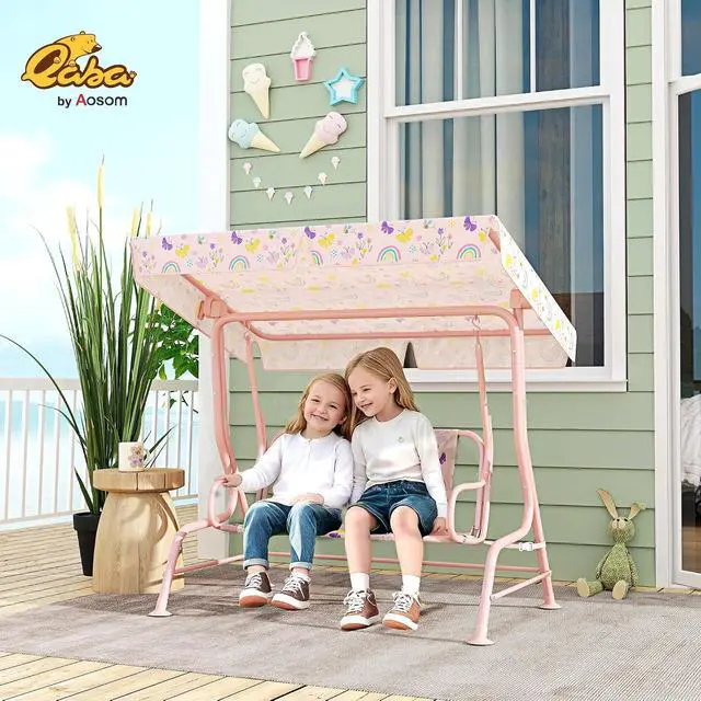 Alt view image 2 of 7 - Qaba Kids Patio Swing 2-Seater w/Adjustable Canopy Rainbow Pattern Pink | Outdoor Porch Swing Chair, Safety Belt, Hanging Bench, for Garden, Backyard
