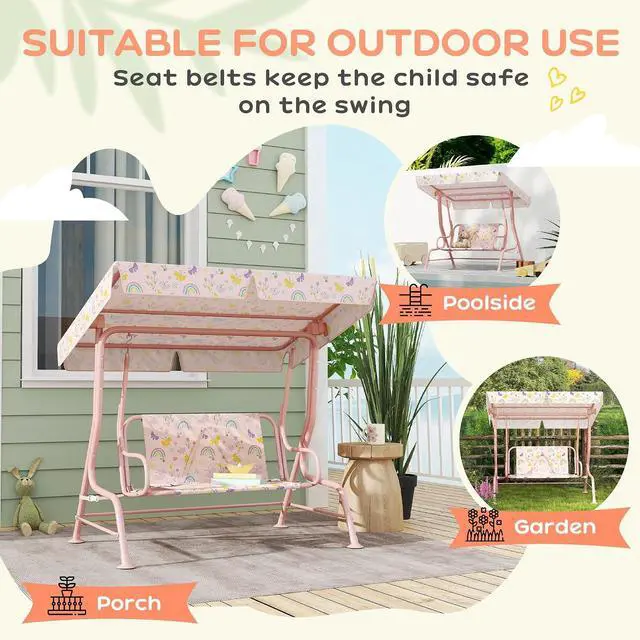 Alt view image 5 of 7 - Qaba Kids Patio Swing 2-Seater w/Adjustable Canopy Rainbow Pattern Pink | Outdoor Porch Swing Chair, Safety Belt, Hanging Bench, for Garden, Backyard