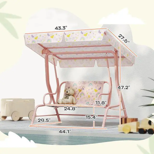 Alt view image 7 of 7 - Qaba Kids Patio Swing 2-Seater w/Adjustable Canopy Rainbow Pattern Pink | Outdoor Porch Swing Chair, Safety Belt, Hanging Bench, for Garden, Backyard