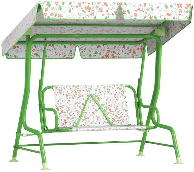 Main image of Qaba Kids Patio Swing 2-Seater w/Adjustable Canopy Fox Pattern Green | Outdoor Porch Swing Chair, Safety Belt, Hanging Bench, for Garden, Backyard