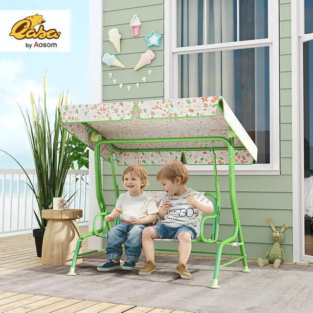 Alt view image 2 of 7 - Qaba Kids Patio Swing 2-Seater w/Adjustable Canopy Fox Pattern Green | Outdoor Porch Swing Chair, Safety Belt, Hanging Bench, for Garden, Backyard
