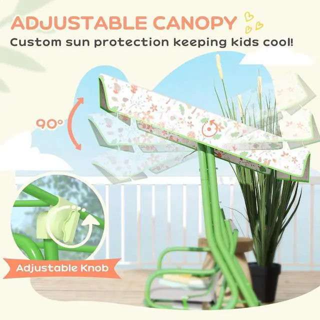 Alt view image 4 of 7 - Qaba Kids Patio Swing 2-Seater w/Adjustable Canopy Fox Pattern Green | Outdoor Porch Swing Chair, Safety Belt, Hanging Bench, for Garden, Backyard