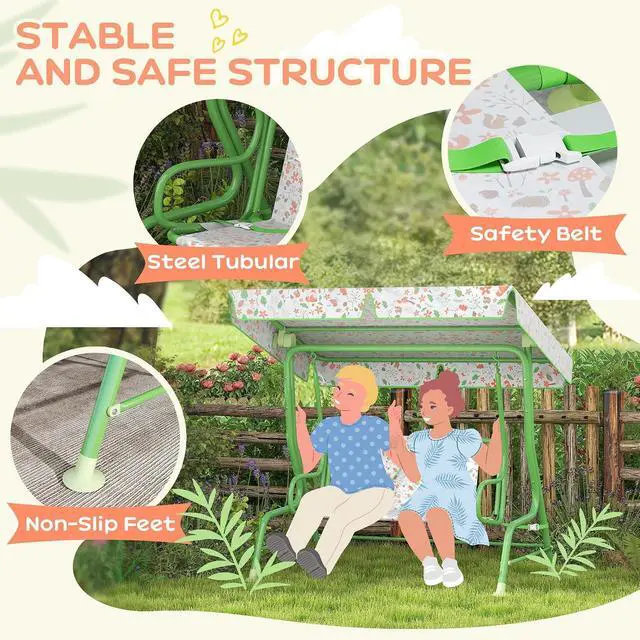 Alt view image 3 of 7 - Qaba Kids Patio Swing 2-Seater w/Adjustable Canopy Fox Pattern Green | Outdoor Porch Swing Chair, Safety Belt, Hanging Bench, for Garden, Backyard
