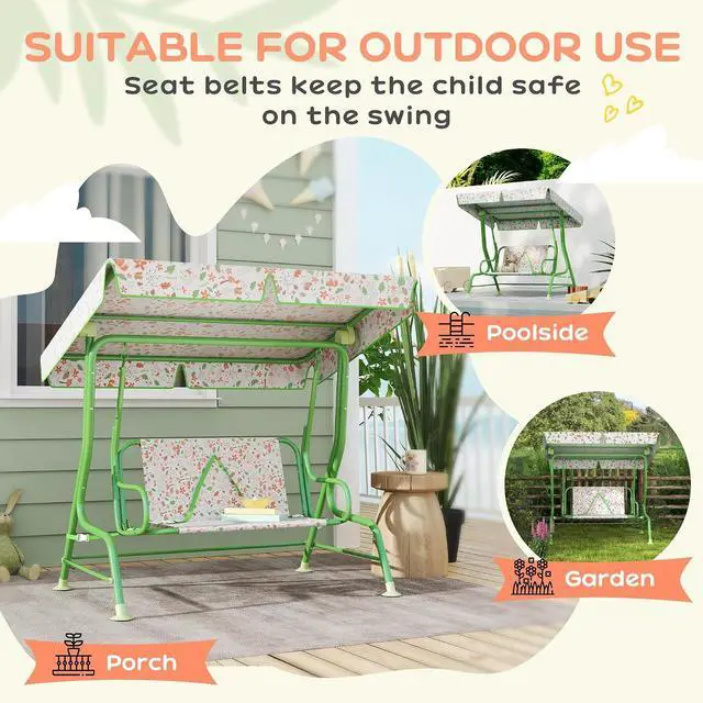 Alt view image 5 of 7 - Qaba Kids Patio Swing 2-Seater w/Adjustable Canopy Fox Pattern Green | Outdoor Porch Swing Chair, Safety Belt, Hanging Bench, for Garden, Backyard