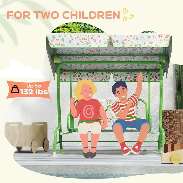 Alt view image 6 of 7 - Qaba Kids Patio Swing 2-Seater w/Adjustable Canopy Fox Pattern Green | Outdoor Porch Swing Chair, Safety Belt, Hanging Bench, for Garden, Backyard
