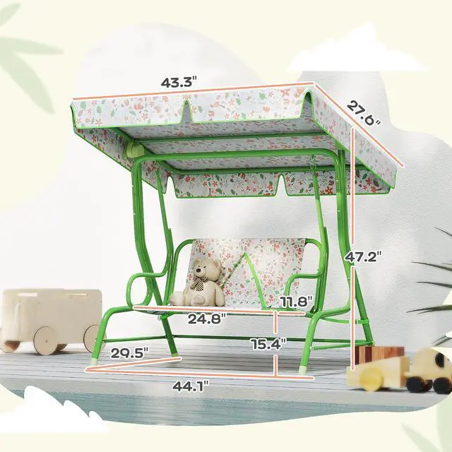 Alt view image 7 of 7 - Qaba Kids Patio Swing 2-Seater w/Adjustable Canopy Fox Pattern Green | Outdoor Porch Swing Chair, Safety Belt, Hanging Bench, for Garden, Backyard