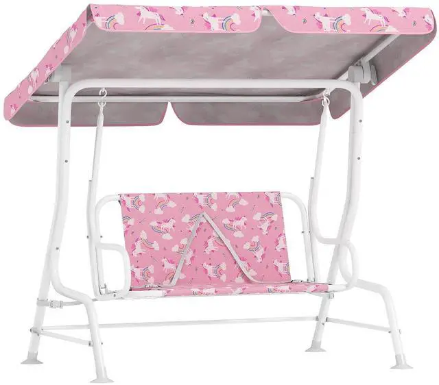 Main image of Qaba Kids Patio Swing 2-Seater w/Adjustable Canopy Unicorn & Rainbow Pink | Outdoor Porch Swing Chair, Safety Belt, Hanging Bench, for Garden, Backyard