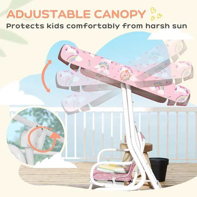 Alt view image 3 of 7 - Qaba Kids Patio Swing 2-Seater w/Adjustable Canopy Unicorn & Rainbow Pink | Outdoor Porch Swing Chair, Safety Belt, Hanging Bench, for Garden, Backyard