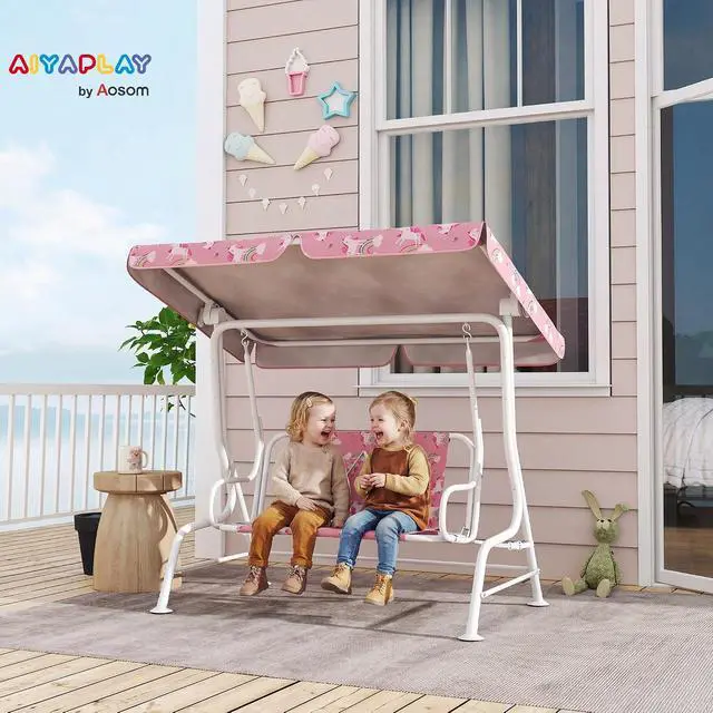 Alt view image 2 of 7 - Qaba Kids Patio Swing 2-Seater w/Adjustable Canopy Unicorn & Rainbow Pink | Outdoor Porch Swing Chair, Safety Belt, Hanging Bench, for Garden, Backyard