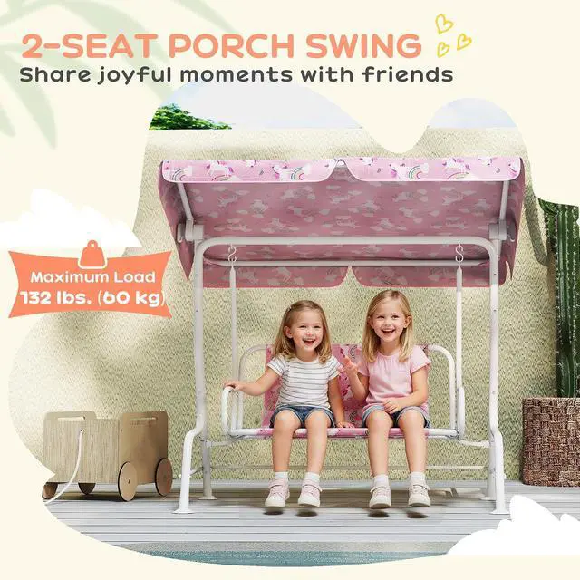 Alt view image 4 of 7 - Qaba Kids Patio Swing 2-Seater w/Adjustable Canopy Unicorn & Rainbow Pink | Outdoor Porch Swing Chair, Safety Belt, Hanging Bench, for Garden, Backyard