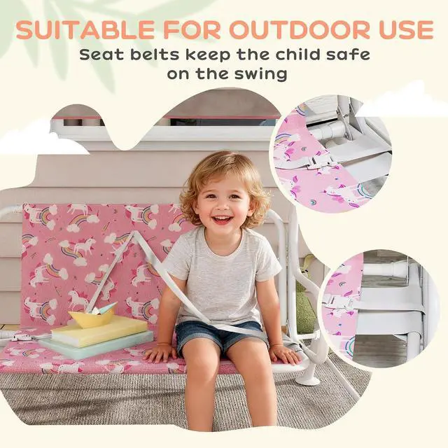Alt view image 6 of 7 - Qaba Kids Patio Swing 2-Seater w/Adjustable Canopy Unicorn & Rainbow Pink | Outdoor Porch Swing Chair, Safety Belt, Hanging Bench, for Garden, Backyard