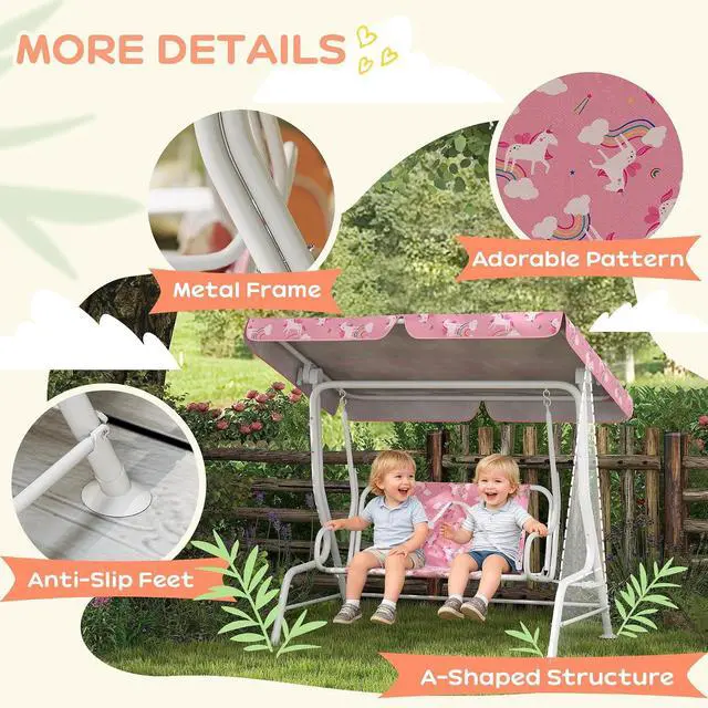 Alt view image 5 of 7 - Qaba Kids Patio Swing 2-Seater w/Adjustable Canopy Unicorn & Rainbow Pink | Outdoor Porch Swing Chair, Safety Belt, Hanging Bench, for Garden, Backyard