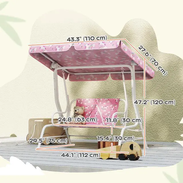 Alt view image 7 of 7 - Qaba Kids Patio Swing 2-Seater w/Adjustable Canopy Unicorn & Rainbow Pink | Outdoor Porch Swing Chair, Safety Belt, Hanging Bench, for Garden, Backyard