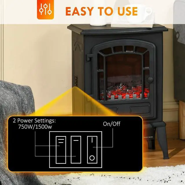 Alt view image 4 of 7 - 22" Electric Fireplace Stove with Door 750W / 1500W Black | Free Standing Fire Place Heater, Realistic Flame Effect, Overheat Safety Protection