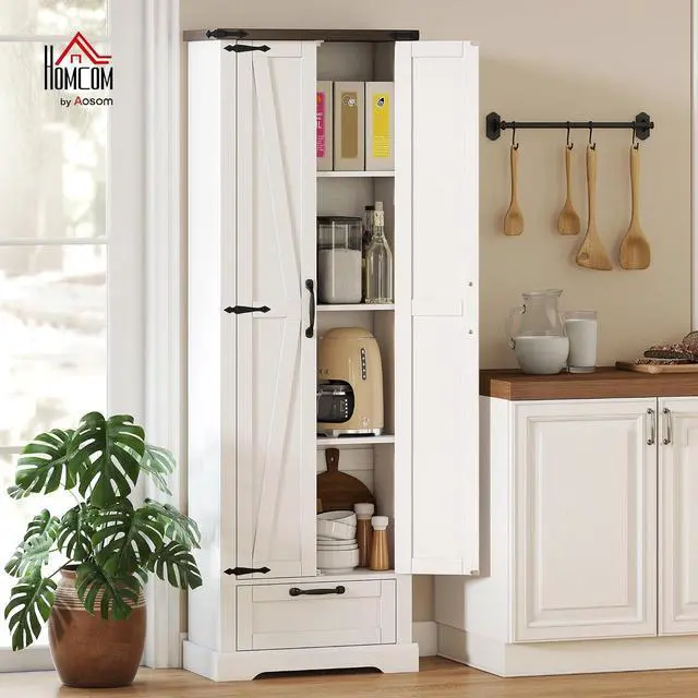 Alt view image 2 of 7 - 71" Tall Kitchen Pantry Storage Cabinet Barn Doors Drawer White | Farmhouse, Adjustable Shelves, Freestanding Food Pantry Cabinet, for Kitchen, Dining Room