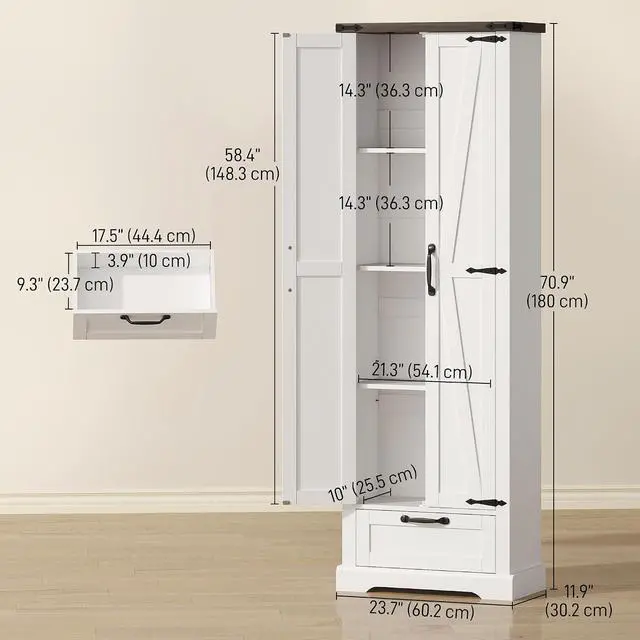 Alt view image 3 of 7 - 71" Tall Kitchen Pantry Storage Cabinet Barn Doors Drawer White | Farmhouse, Adjustable Shelves, Freestanding Food Pantry Cabinet, for Kitchen, Dining Room