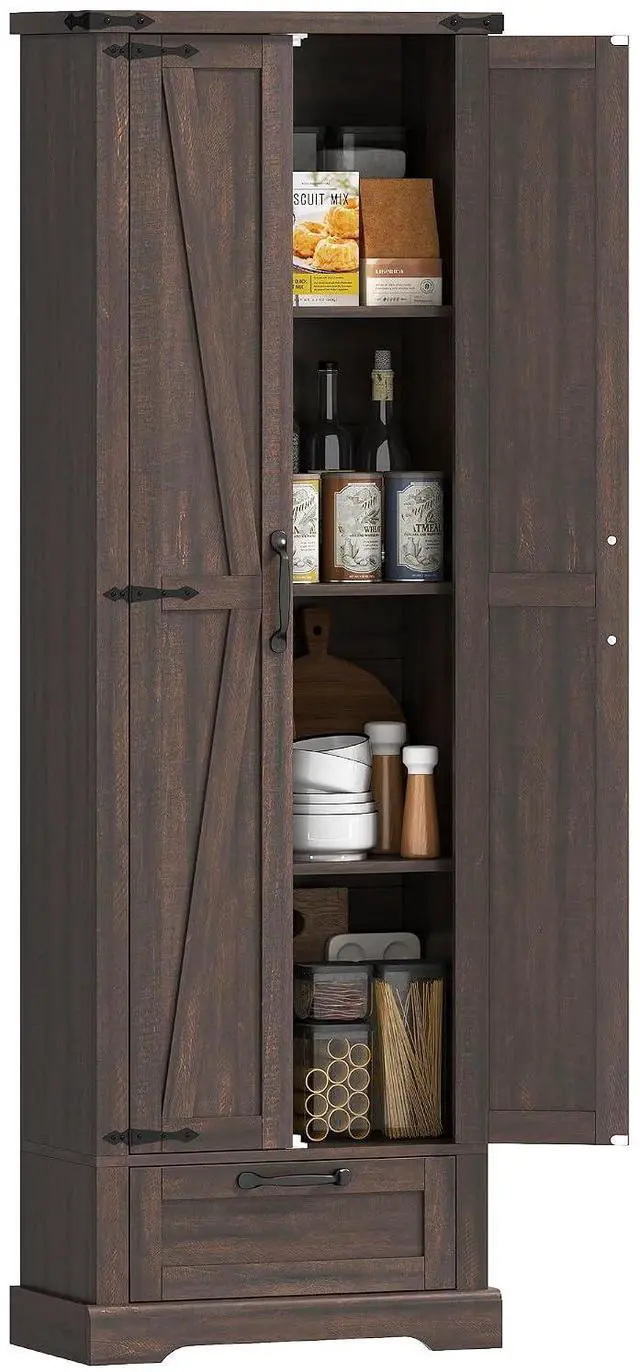 Main image of 71" Tall Kitchen Pantry Storage Cabinet Barn Doors Drawer Brown | Farmhouse, Adjustable Shelves, Freestanding Food Pantry Cabinet, for Kitchen, Dining Room