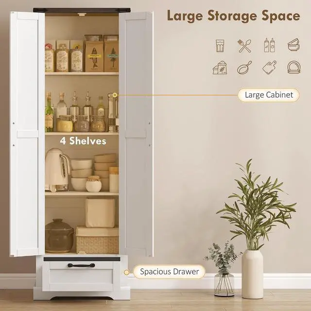 Alt view image 4 of 7 - 71" Tall Kitchen Pantry Storage Cabinet Barn Doors Drawer White | Farmhouse, Adjustable Shelves, Freestanding Food Pantry Cabinet, for Kitchen, Dining Room