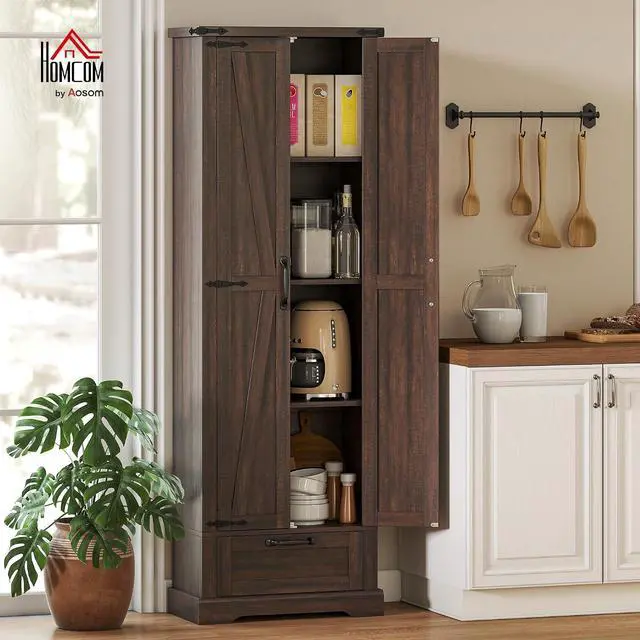 Alt view image 2 of 7 - 71" Tall Kitchen Pantry Storage Cabinet Barn Doors Drawer Brown | Farmhouse, Adjustable Shelves, Freestanding Food Pantry Cabinet, for Kitchen, Dining Room