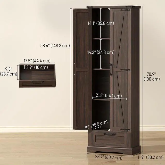 Alt view image 3 of 7 - 71" Tall Kitchen Pantry Storage Cabinet Barn Doors Drawer Brown | Farmhouse, Adjustable Shelves, Freestanding Food Pantry Cabinet, for Kitchen, Dining Room