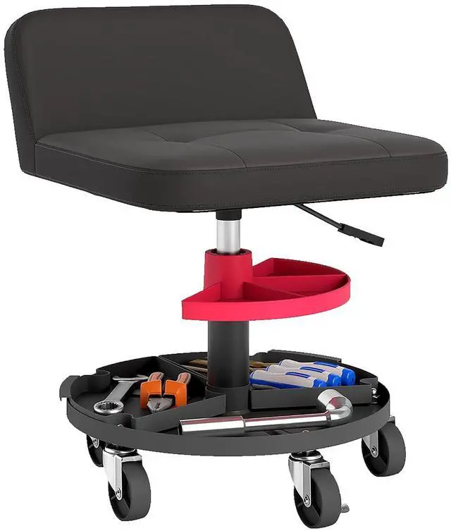 Main image of Rolling Mechanic Stool, 300 LBS Capacity with 360° Wheels, Black | Backrest, Pneumatic Creeper Garage Stool, Heavy Duty Roller Seat, Padded Shop Chair, Tool Tray Storage, Adjustable Height