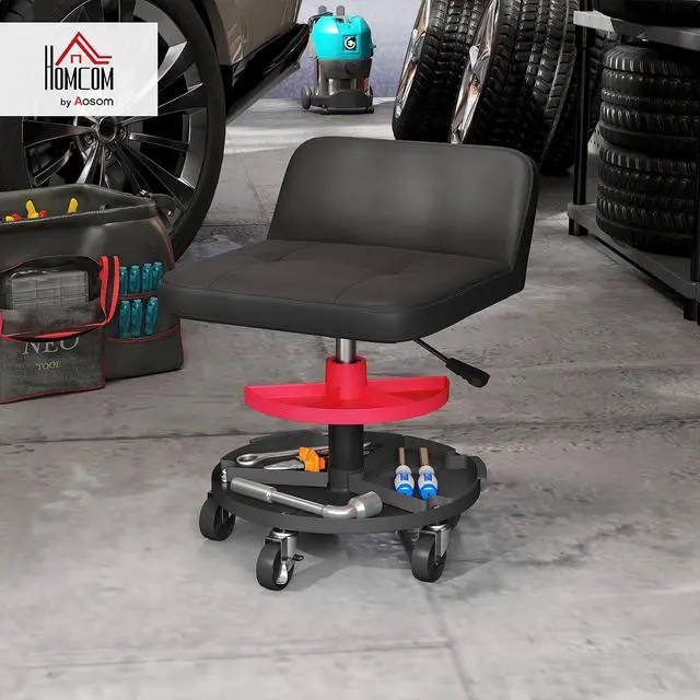 Alt view image 2 of 7 - Rolling Mechanic Stool, 300 LBS Capacity with 360° Wheels, Black | Backrest, Pneumatic Creeper Garage Stool, Heavy Duty Roller Seat, Padded Shop Chair, Tool Tray Storage, Adjustable Height