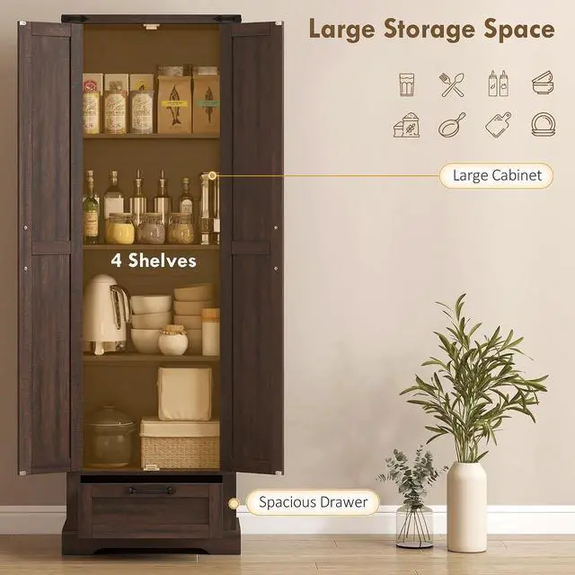 Alt view image 4 of 7 - 71" Tall Kitchen Pantry Storage Cabinet Barn Doors Drawer Brown | Farmhouse, Adjustable Shelves, Freestanding Food Pantry Cabinet, for Kitchen, Dining Room
