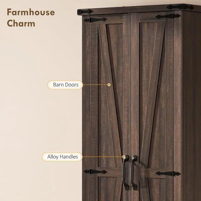 Alt view image 6 of 7 - 71" Tall Kitchen Pantry Storage Cabinet Barn Doors Drawer Brown | Farmhouse, Adjustable Shelves, Freestanding Food Pantry Cabinet, for Kitchen, Dining Room