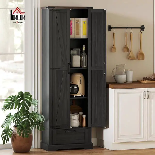 Alt view image 2 of 7 - 71" Tall Kitchen Pantry Storage Cabinet Barn Doors Drawer Black | Farmhouse, Adjustable Shelves, Freestanding Food Pantry Cabinet, for Kitchen, Dining Room