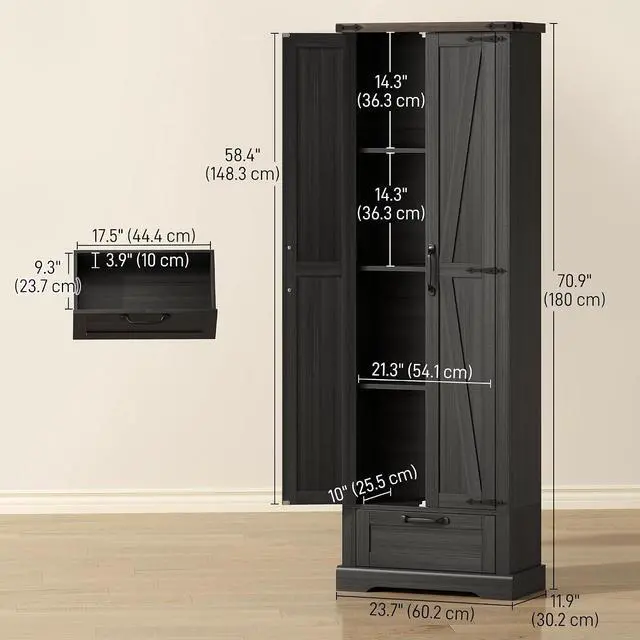 Alt view image 3 of 7 - 71" Tall Kitchen Pantry Storage Cabinet Barn Doors Drawer Black | Farmhouse, Adjustable Shelves, Freestanding Food Pantry Cabinet, for Kitchen, Dining Room