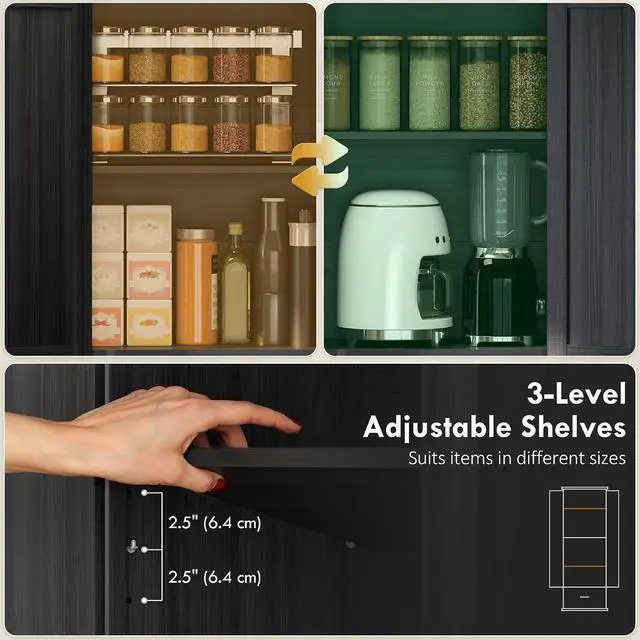 Alt view image 5 of 7 - 71" Tall Kitchen Pantry Storage Cabinet Barn Doors Drawer Black | Farmhouse, Adjustable Shelves, Freestanding Food Pantry Cabinet, for Kitchen, Dining Room