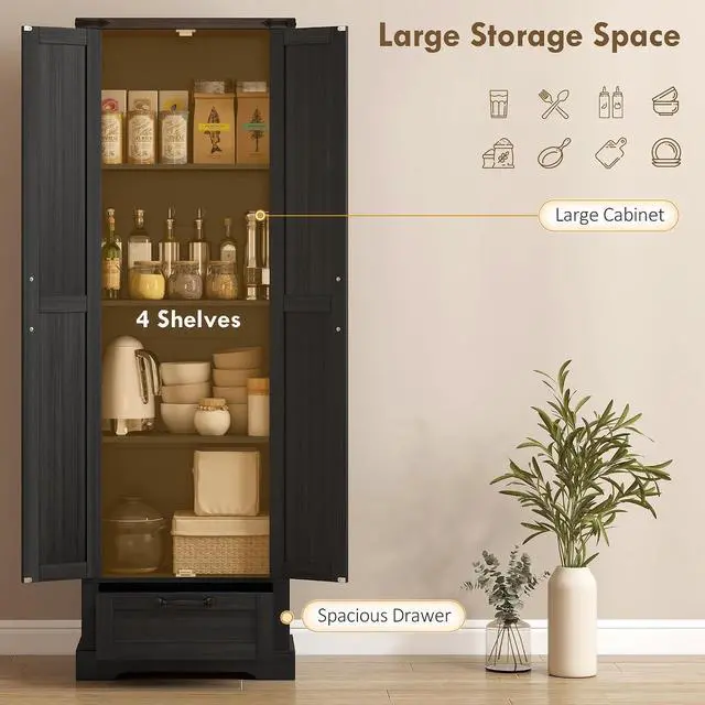 Alt view image 4 of 7 - 71" Tall Kitchen Pantry Storage Cabinet Barn Doors Drawer Black | Farmhouse, Adjustable Shelves, Freestanding Food Pantry Cabinet, for Kitchen, Dining Room