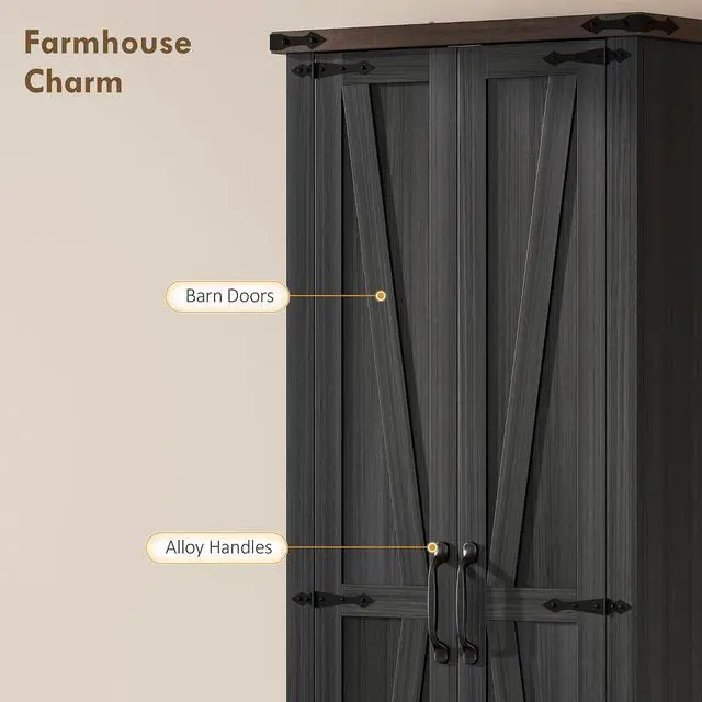 Alt view image 6 of 7 - 71" Tall Kitchen Pantry Storage Cabinet Barn Doors Drawer Black | Farmhouse, Adjustable Shelves, Freestanding Food Pantry Cabinet, for Kitchen, Dining Room