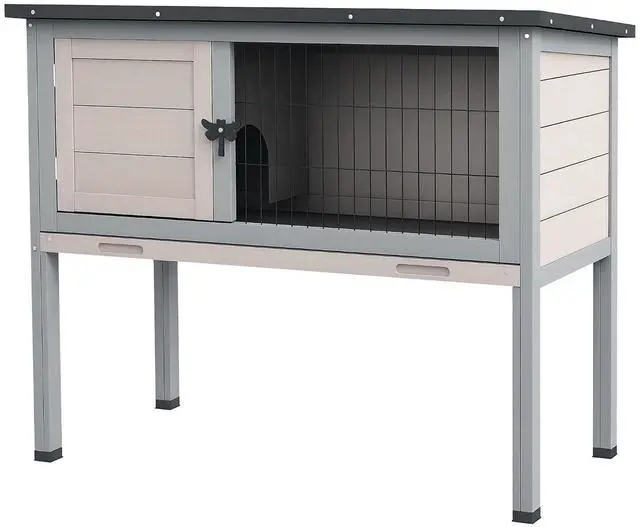 Main image of PawHut Elevated Wooden Rabbit Hutch Indoor/Outdoor Bunny Cage Light Gray | Hinged Asphalt Roof, Removable Tray for Guinea Pig