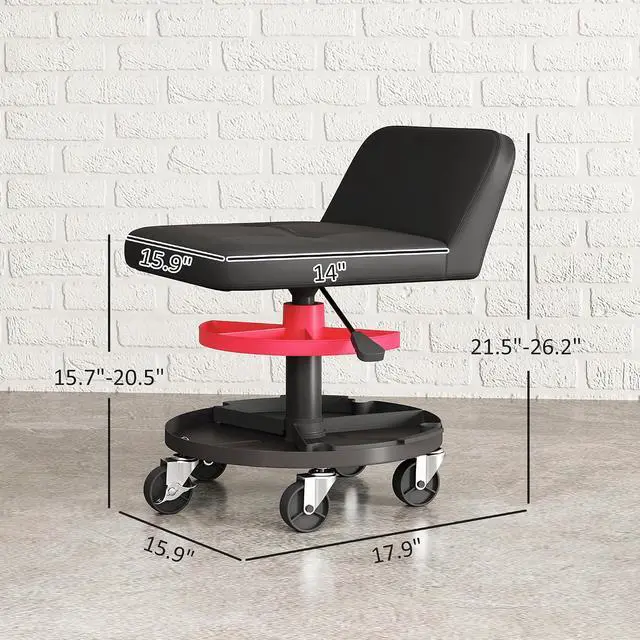 Alt view image 3 of 7 - Rolling Mechanic Stool, 300 LBS Capacity with 360° Wheels, Black | Backrest, Pneumatic Creeper Garage Stool, Heavy Duty Roller Seat, Padded Shop Chair, Tool Tray Storage, Adjustable Height