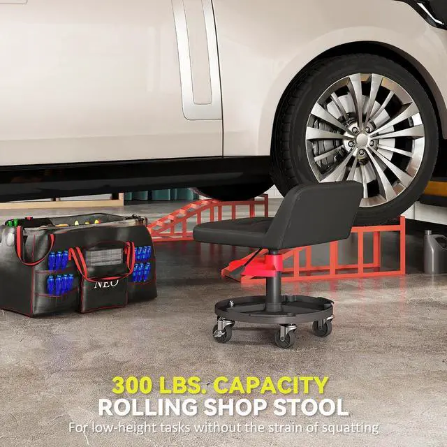 Alt view image 4 of 7 - Rolling Mechanic Stool, 300 LBS Capacity with 360° Wheels, Black | Backrest, Pneumatic Creeper Garage Stool, Heavy Duty Roller Seat, Padded Shop Chair, Tool Tray Storage, Adjustable Height