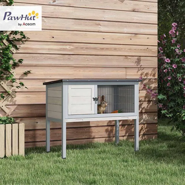 Alt view image 2 of 7 - PawHut Elevated Wooden Rabbit Hutch Indoor/Outdoor Bunny Cage Light Gray | Hinged Asphalt Roof, Removable Tray for Guinea Pig