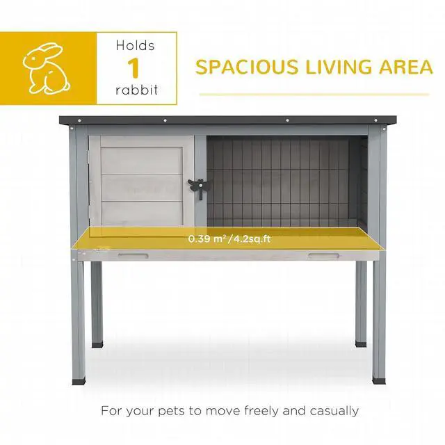 Alt view image 3 of 7 - PawHut Elevated Wooden Rabbit Hutch Indoor/Outdoor Bunny Cage Light Gray | Hinged Asphalt Roof, Removable Tray for Guinea Pig