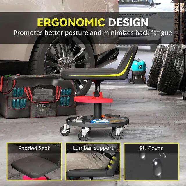 Alt view image 6 of 7 - Rolling Mechanic Stool, 300 LBS Capacity with 360° Wheels, Black | Backrest, Pneumatic Creeper Garage Stool, Heavy Duty Roller Seat, Padded Shop Chair, Tool Tray Storage, Adjustable Height