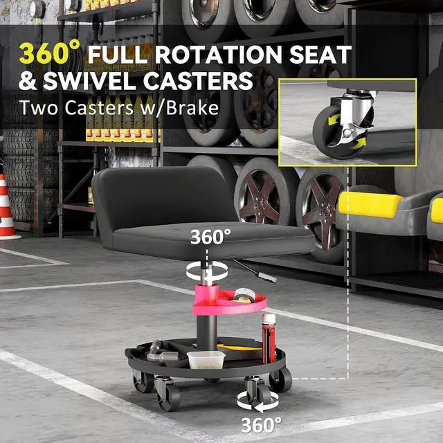 Alt view image 7 of 7 - Rolling Mechanic Stool, 300 LBS Capacity with 360° Wheels, Black | Backrest, Pneumatic Creeper Garage Stool, Heavy Duty Roller Seat, Padded Shop Chair, Tool Tray Storage, Adjustable Height
