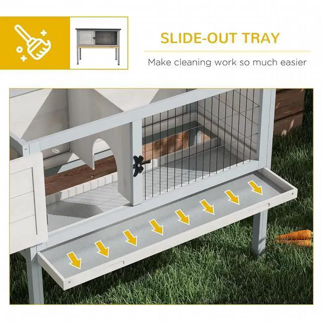 Alt view image 5 of 7 - PawHut Elevated Wooden Rabbit Hutch Indoor/Outdoor Bunny Cage Light Gray | Hinged Asphalt Roof, Removable Tray for Guinea Pig