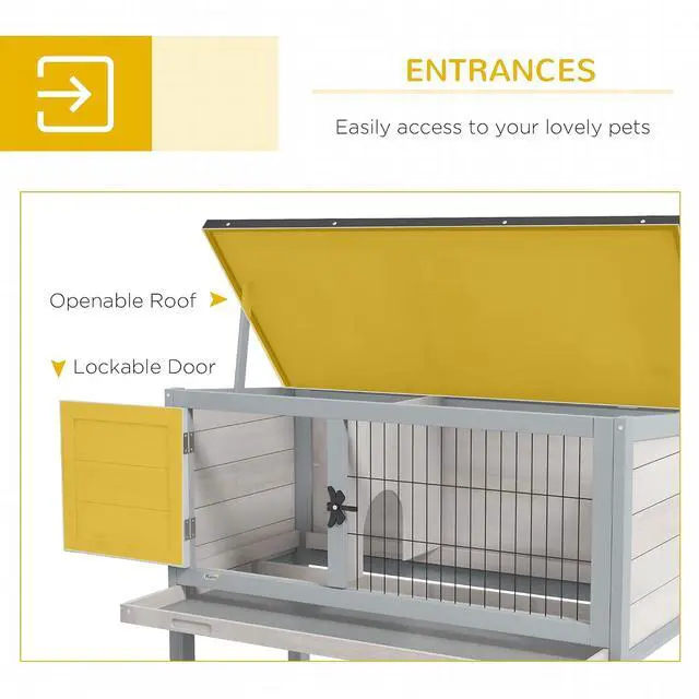 Alt view image 4 of 7 - PawHut Elevated Wooden Rabbit Hutch Indoor/Outdoor Bunny Cage Light Gray | Hinged Asphalt Roof, Removable Tray for Guinea Pig