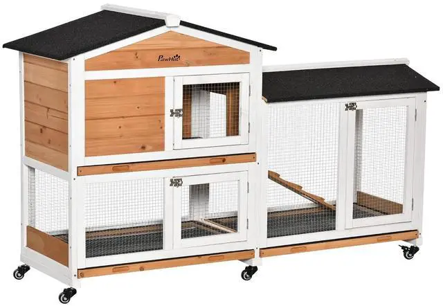 Main image of PawHut 62" Rabbit Hutch with Wheels for Rabbits, Chickens, Ducks, Nature | Wooden Bunny Hutch, Guinea Pig Cage, Small Animal Enclosure, Run Area, Removable Tray, Asphalt Roof, Lockable Doors & Ramp