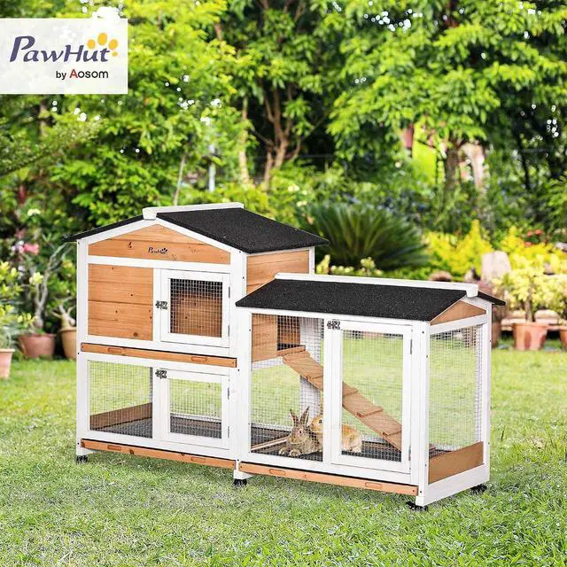 Alt view image 2 of 7 - PawHut 62" Rabbit Hutch with Wheels for Rabbits, Chickens, Ducks, Nature | Wooden Bunny Hutch, Guinea Pig Cage, Small Animal Enclosure, Run Area, Removable Tray, Asphalt Roof, Lockable Doors & Ramp