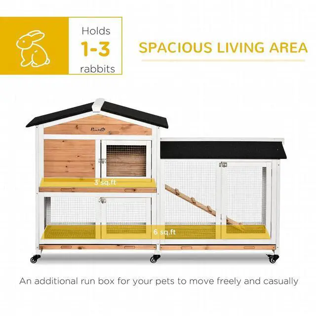 Alt view image 3 of 7 - PawHut 62" Rabbit Hutch with Wheels for Rabbits, Chickens, Ducks, Nature | Wooden Bunny Hutch, Guinea Pig Cage, Small Animal Enclosure, Run Area, Removable Tray, Asphalt Roof, Lockable Doors & Ramp