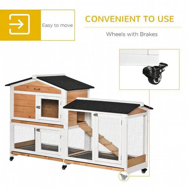 Alt view image 4 of 7 - PawHut 62" Rabbit Hutch with Wheels for Rabbits, Chickens, Ducks, Nature | Wooden Bunny Hutch, Guinea Pig Cage, Small Animal Enclosure, Run Area, Removable Tray, Asphalt Roof, Lockable Doors & Ramp
