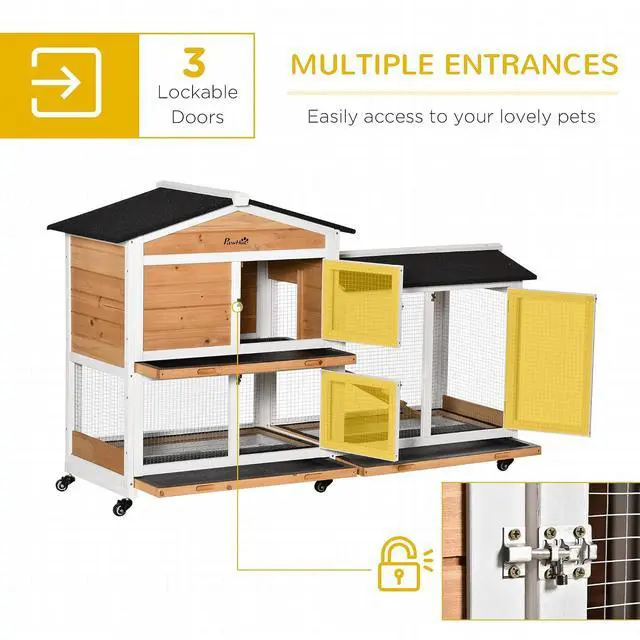 Alt view image 5 of 7 - PawHut 62" Rabbit Hutch with Wheels for Rabbits, Chickens, Ducks, Nature | Wooden Bunny Hutch, Guinea Pig Cage, Small Animal Enclosure, Run Area, Removable Tray, Asphalt Roof, Lockable Doors & Ramp