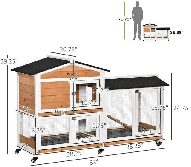 Alt view image 7 of 7 - PawHut 62" Rabbit Hutch with Wheels for Rabbits, Chickens, Ducks, Nature | Wooden Bunny Hutch, Guinea Pig Cage, Small Animal Enclosure, Run Area, Removable Tray, Asphalt Roof, Lockable Doors & Ramp